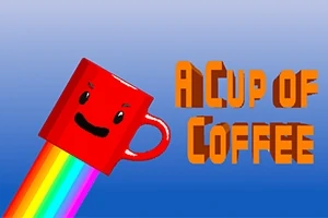 Punainen hymyilevä kahvikuppi, josta lähtee sateenkaarivana, sinisellä taustalla ja teksti A Cup of Coffee