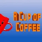Punainen hymyilevä kahvikuppi, josta lähtee sateenkaarivana, sinisellä taustalla ja teksti A Cup of Coffee