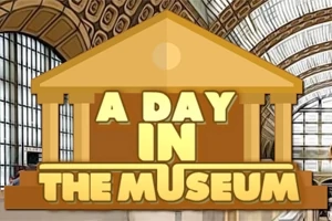 Keltaisten suurten kirjainten muodostama teksti A Day in the Museum museorakennuksen siluetilla taustalla