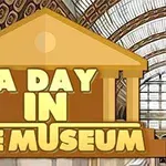 Keltaisten suurten kirjainten muodostama teksti A Day in the Museum museorakennuksen siluetilla taustalla
