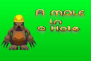 Vihreällä taustalla on piirretty maamyyrä, jolla on kypärä, ja teksti A mole in a hole