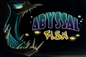 Tummassa taustassa on hahmo, jonka suu on auki, ja tekstinä on Abyssal Fish keltaisella ja violetilla