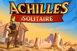 Antiikin kreikkalainen soturi seisoo keihään ja kilven kanssa autiomaassa raunioiden edessä, yläpuolella Achilles Solitaire -teksti