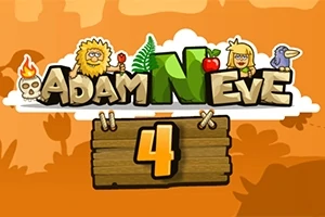 Piirrosmainos, jossa on värikäs tausta, hahmoja, puukyltti numero 4 ja teksti Adam and Eve