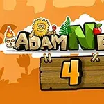 Piirrosmainos, jossa on värikäs tausta, hahmoja, puukyltti numero 4 ja teksti Adam and Eve
