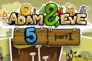 Kaksi piirrettyä hahmoa ja lintu seisovat Adam & Eve -tekstin yläpuolella, jossa on numero 5 ja sana part I puutaulussa