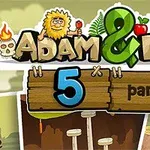 Kaksi piirrettyä hahmoa ja lintu seisovat Adam & Eve -tekstin yläpuolella, jossa on numero 5 ja sana part I puutaulussa