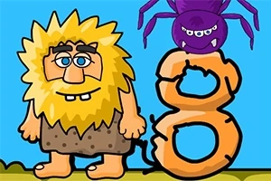 Piirroshahmo kivikautisessa asussa hymyilee, kun violetin hämähäkin vieressä seisoo oranssi numero kahdeksan
