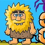 Piirroshahmo kivikautisessa asussa hymyilee, kun violetin hämähäkin vieressä seisoo oranssi numero kahdeksan