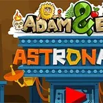 Sarjakuvamainen otsikkokuvitus, jossa on tekstit Adam & Eve Astronaut ja värikkäitä satelliittilautasia