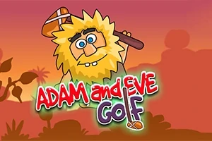 Piirroshahmo, jolla on villi keltainen parta ja puunuija, seisoo oranssissa auringonlaskumaisemassa tekstin kanssa Adam and Eve Golf
