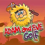 Piirroshahmo, jolla on villi keltainen parta ja puunuija, seisoo oranssissa auringonlaskumaisemassa tekstin kanssa Adam and Eve Golf