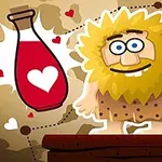 Pullo punaista taikajuomaa sydänkuvioilla ja piirretty hahmo keltaisella tukalla ja sinisillä silmillä kartan taustalla