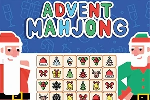 Kaksi joulupukkia seisovat vieressä Mahjong-laattaa, jossa on jouluteemaisia kuvioita ja teksti Advent Mahjong