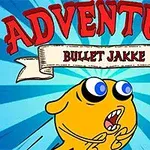 Keltainen piirroshahmo, jolla on suuret silmät ja avonainen suu sinisellä taustalla, tekstillä Adventure Bullet Jakke