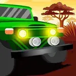 Vihreä maastoauto ajamassa savannilla auringonlaskun aikaan, taustalla savanneja ja puita