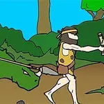 Kaksi esihistoriallista hahmoa viidakkomaisessa ympäristössä, toinen ratsastaa dinosauruksen selässä ja toinen kävelee rinnalla keihäs kädessään
