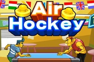 Kaksi piirroshahmoa pelaa ilmakiekkoa kirkkaasti valaistussa ympäristössä, jonka yläpuolella on kansainvälisiä lippuja ja suuri Air Hockey -teksti