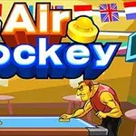 Kaksi piirroshahmoa pelaa ilmakiekkoa kirkkaasti valaistussa ympäristössä, jonka yläpuolella on kansainvälisiä lippuja ja suuri Air Hockey -teksti