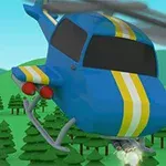Sininen helikopteri, jossa on keltaiset raidat, lentää metsän yllä