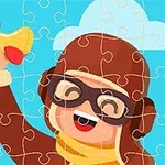 Piirroshahmo, jolla on ruskea lentäjänlakki ja suojalasit, pitelee punaista lelulentokonetta sinistä taivasta vasten