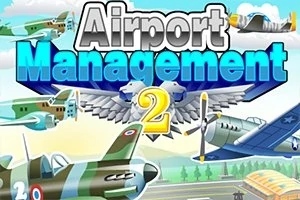 Useita lentokoneita ilmassa ja teksti Airport Management 2 näkyvästi ylhäällä