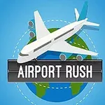 Valkoinen lentokone lentää maapallon päällä, ja sen alla on musta kyltti tekstillä Airport Rush sinistä taustaa vasten
