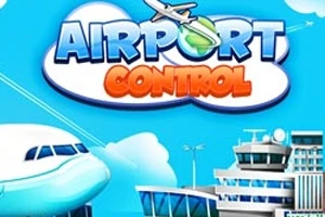 Lentokenttä- ja lennonjohtotorni piirrettyinä, otsikko Airport Control taustalla