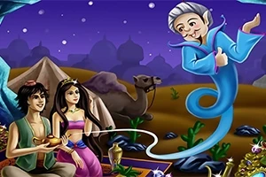 Genie ilmestyy lampusta autiomaan maisemassa, jossa on kameleita, yötaivas ja kaksi henkilöä