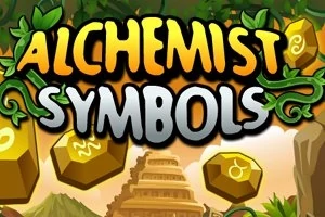 Värikäs kuva, jossa on vihreää lehtiköynnöstä, keltaisia alkemiasymboleilla koristeltuja kiviä ja keskellä teksti Alchemist Symbols