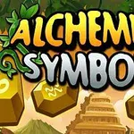 Värikäs kuva, jossa on vihreää lehtiköynnöstä, keltaisia alkemiasymboleilla koristeltuja kiviä ja keskellä teksti Alchemist Symbols