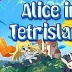 Piirroskuva, jossa on linna, tyttö sinisessä mekossa, kani silinterihatussa ja Tetris-palikoita värikkäässä ympäristössä