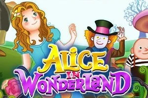 Piirretyt hahmot seisovat värikkäässä puutarhassa, ja kuvassa on iso teksti Alice in Wonderland