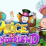 Piirretyt hahmot seisovat värikkäässä puutarhassa, ja kuvassa on iso teksti Alice in Wonderland