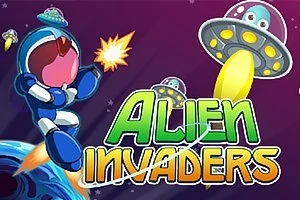 Avaruusasuinen hahmo ampuu lasertykillä lentävää lautasalusta, taustalla avaruusmaisema ja teksti Alien Invaders
