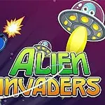 Avaruusasuinen hahmo ampuu lasertykillä lentävää lautasalusta, taustalla avaruusmaisema ja teksti Alien Invaders