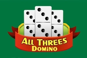Nippu dominopalikoita vihreällä taustalla, edessä punainen nauha, jossa teksti All Threes Domino