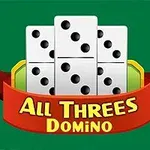 Nippu dominopalikoita vihreällä taustalla, edessä punainen nauha, jossa teksti All Threes Domino