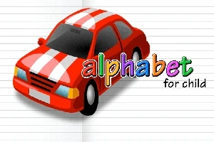 Punainen auto, jossa on valkoiset raidat, taustalla on viivapaperia ja teksti alphabet for child