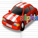 Punainen auto, jossa on valkoiset raidat, taustalla on viivapaperia ja teksti alphabet for child