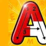 Suuri punavalkoinen kirjain A, jossa on numeroituja nuolia ja keltainen tausta