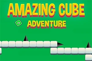 Vihreällä taustalla on keltaisella ja punaisella kirjoitettu teksti Amazing Cube Adventure, valkoisia kuutioita ja mustia piikkejä