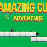 Vihreällä taustalla on keltaisella ja punaisella kirjoitettu teksti Amazing Cube Adventure, valkoisia kuutioita ja mustia piikkejä
