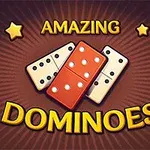 Kolme domino-palaa ja tähtiä ruskealla taustalla, jossa lukee Amazing Dominoes