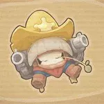 Sarjakuvamainen hahmo, jolla on keltainen cowboy-hattu ja kaksi suurta asetta selässään, sekä oljenkorsi suussaan