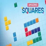 Värikkäitä neliöitä asettuvat eri muodoissa sinisellä taustalla, ja ylhäällä lukee Amazing Squares