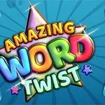 Värikkäitä kirjaimia sisältävä logo sanailla Amazing Word Twist tähden päällä