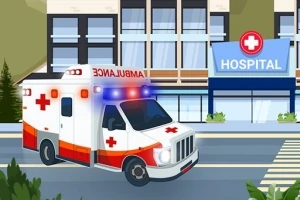 Ambulanssi ajaa sairaalan edustalla kadulla, taustalla näkyy sairaalarakennus