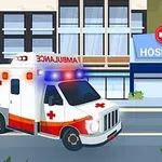 Ambulanssi ajaa sairaalan edustalla kadulla, taustalla näkyy sairaalarakennus