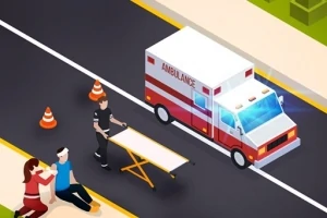 Ambulanssi ja ensihoitaja kadulla potilaan kanssa, tarkkailemassa tilannetta ja valmistautumassa nostamaan potilaan paareille